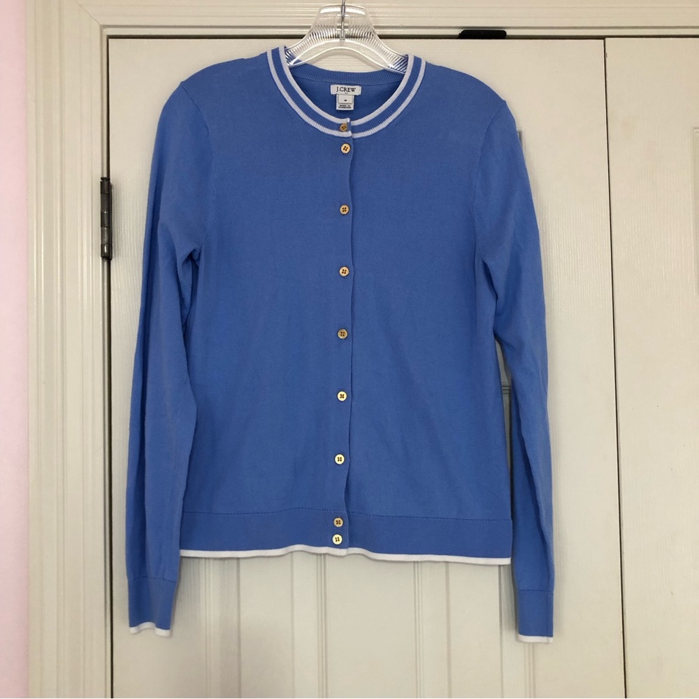 J. Crew Blue Cardigan Sweater with White Trim